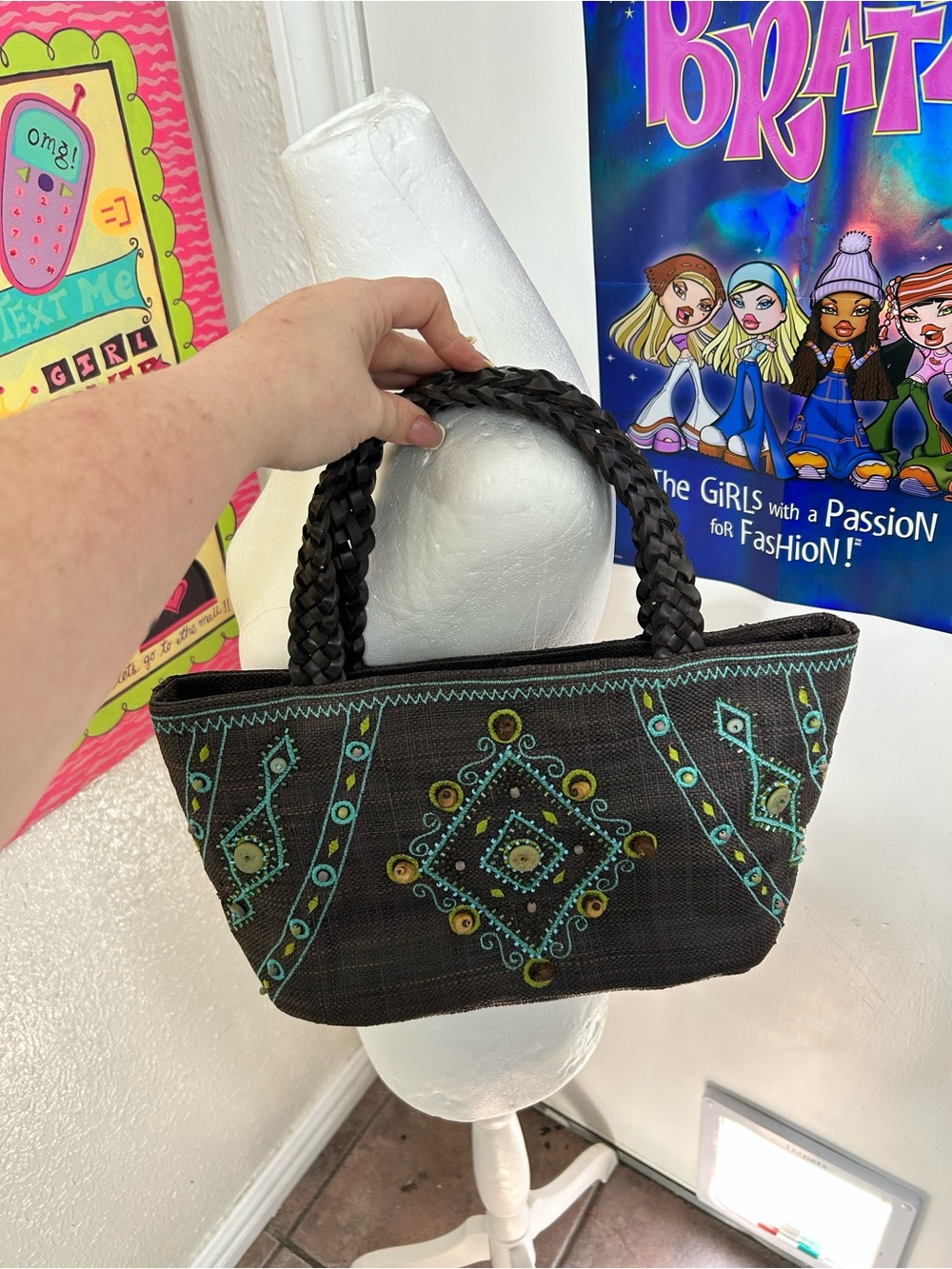 Sondra Roberts Black Tote with Teal and Gold Embroidery